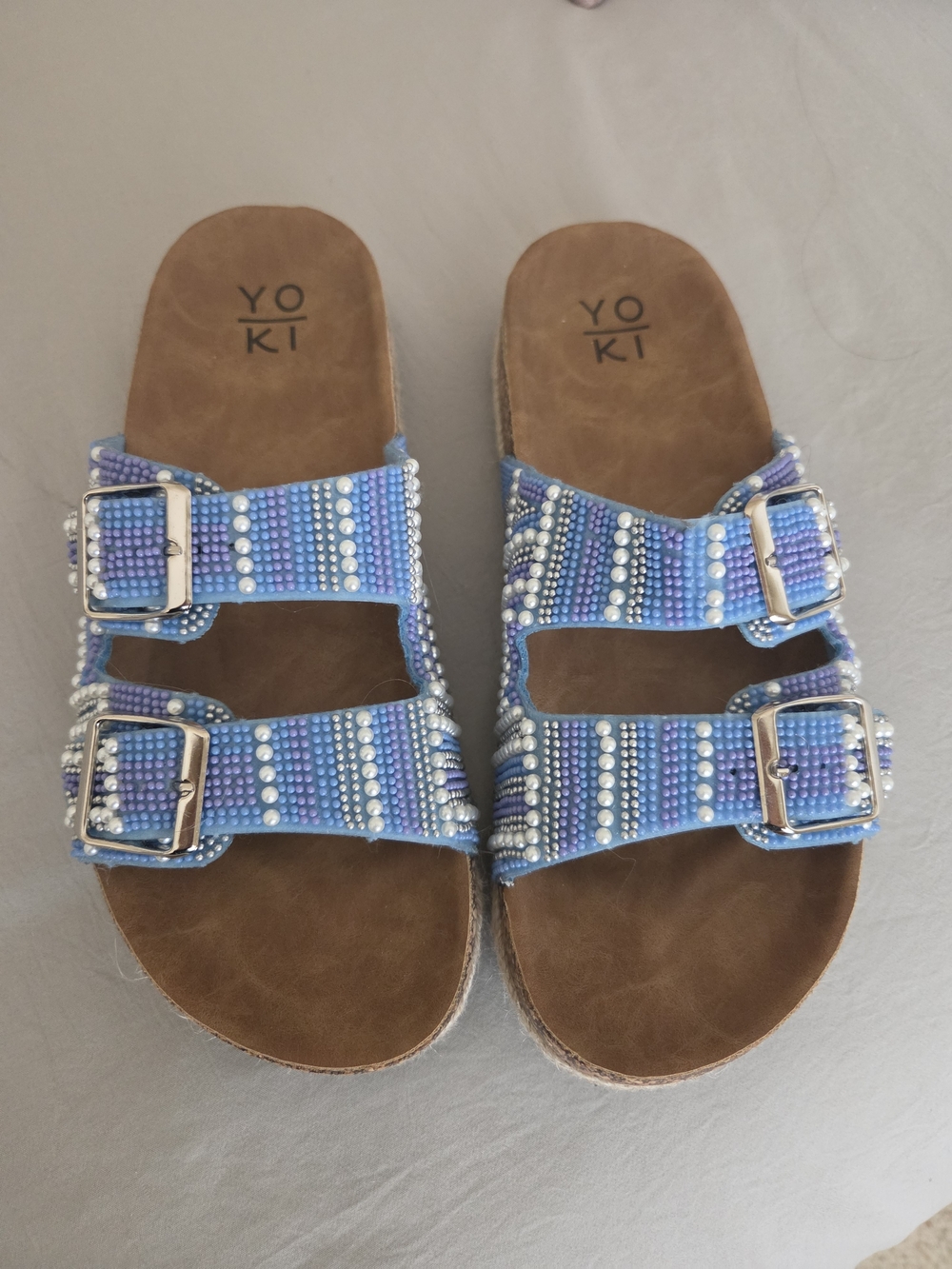 Yoki Blue Beaded Double-Buckle Slide Sandals Size 8